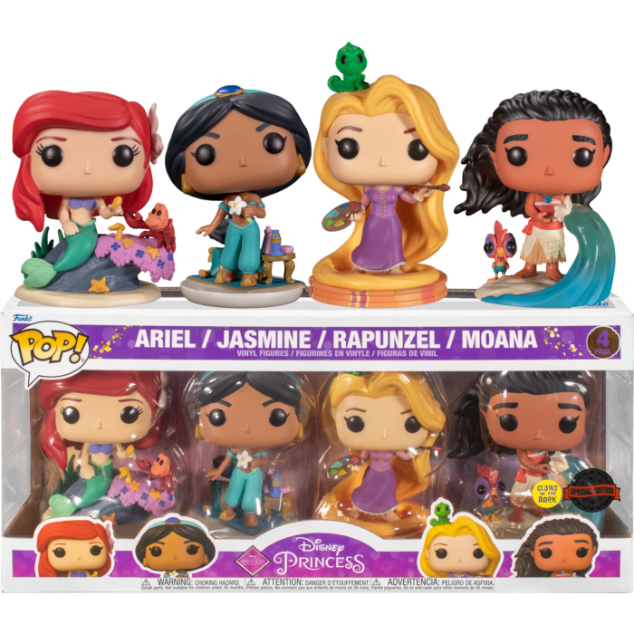 Disney Princess Ariel Jasmine Rapunzel Moana 4 Pack GITD Funko Pop Titan Pops